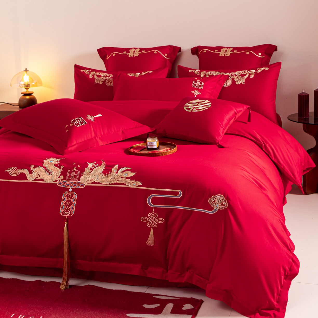 91家纺网 家纺一手货源 找家纺 东方合美（原：皇家传奇） 2026新款纯棉长绒棉刺绣婚庆四件套-龙凤系列 龙凤百合