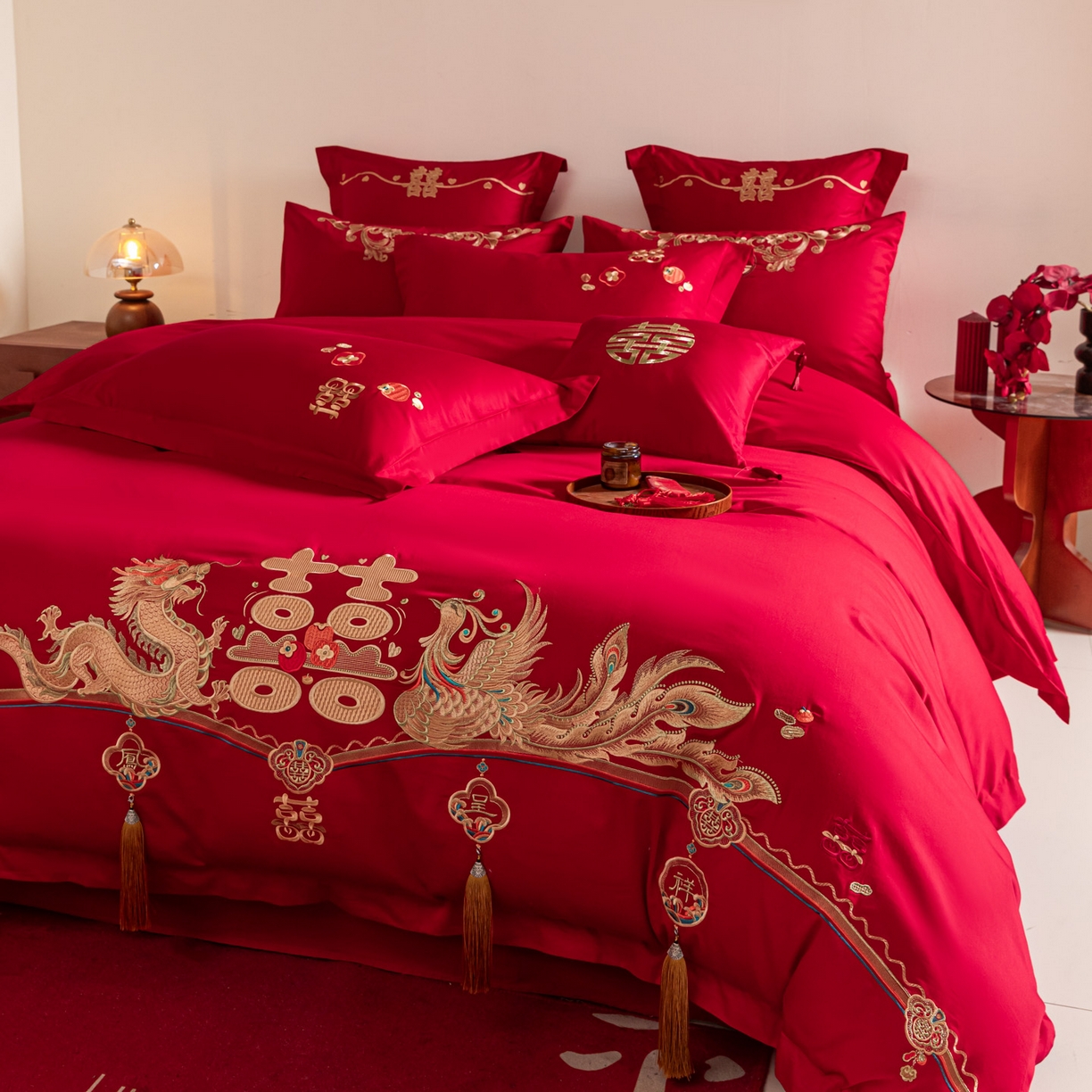 91家纺网 家纺一手货源 找家纺 东方合美（原：皇家传奇） 2026新款纯棉长绒棉刺绣婚庆四件套-龙凤系列 龙凤报喜