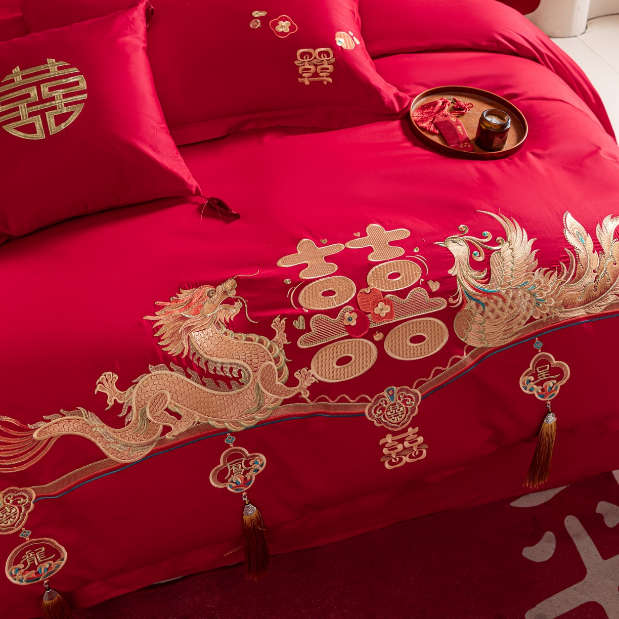 91家纺网 家纺一手货源 找家纺 东方合美（原：皇家传奇） 2026新款纯棉长绒棉刺绣婚庆四件套-龙凤系列 龙凤报喜