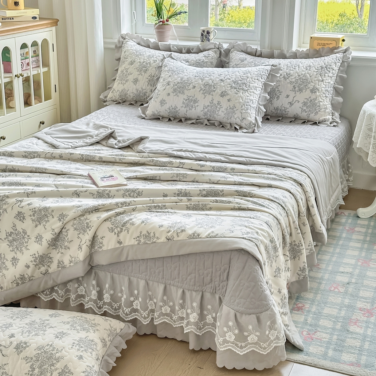 91家纺网 家纺一手货源 找家纺 雅眠居 2026新款直播爆款古法仿棉双层蕾丝花边床盖四件套 AB版-灰韵
