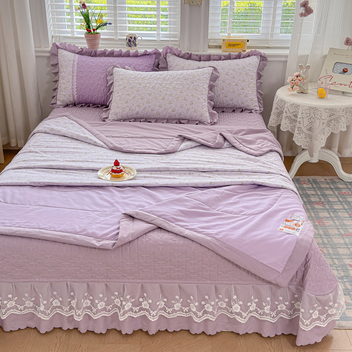 91家纺网 家纺一手货源 找家纺 雅眠居 2026新款直播爆款古法仿棉双层蕾丝花边床盖四件套 AB版-秘境紫