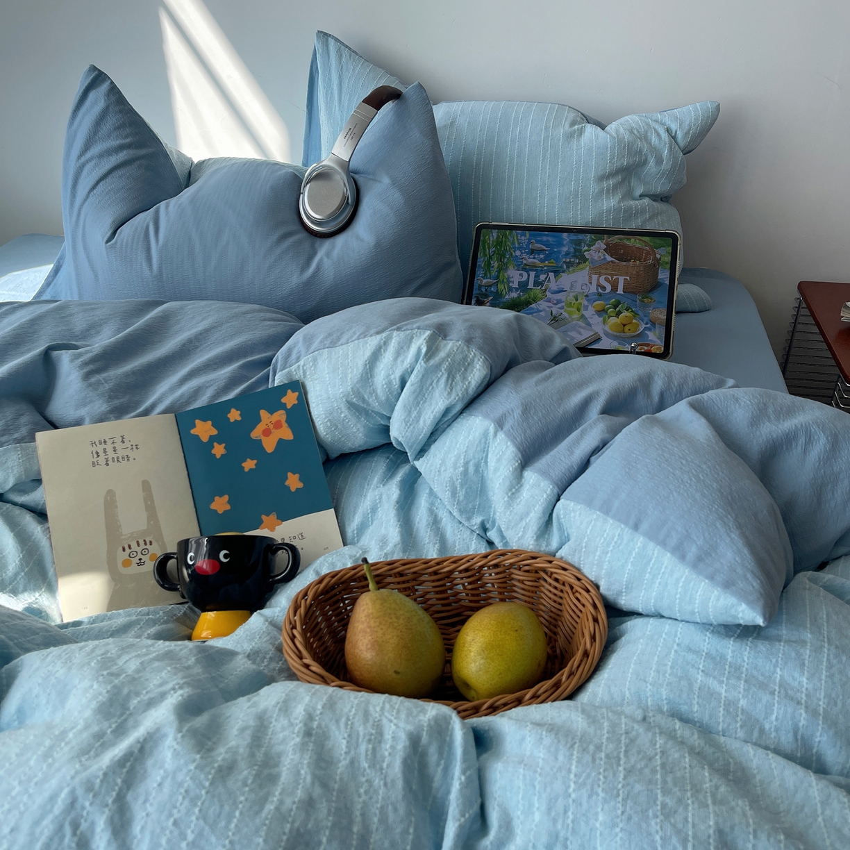 91家纺网 家纺一手货源 找家纺 栩裕纺织 2026新款高克重无印风阳离子提花工艺四件套 轻奢风-湖蓝