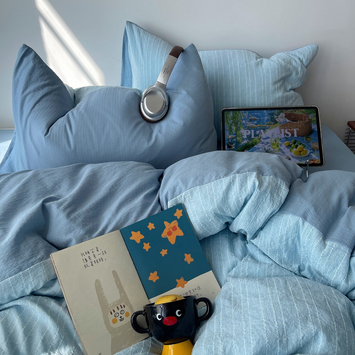 91家纺网 家纺一手货源 找家纺 栩裕纺织 2026新款高克重无印风阳离子提花工艺四件套 轻奢风-湖蓝