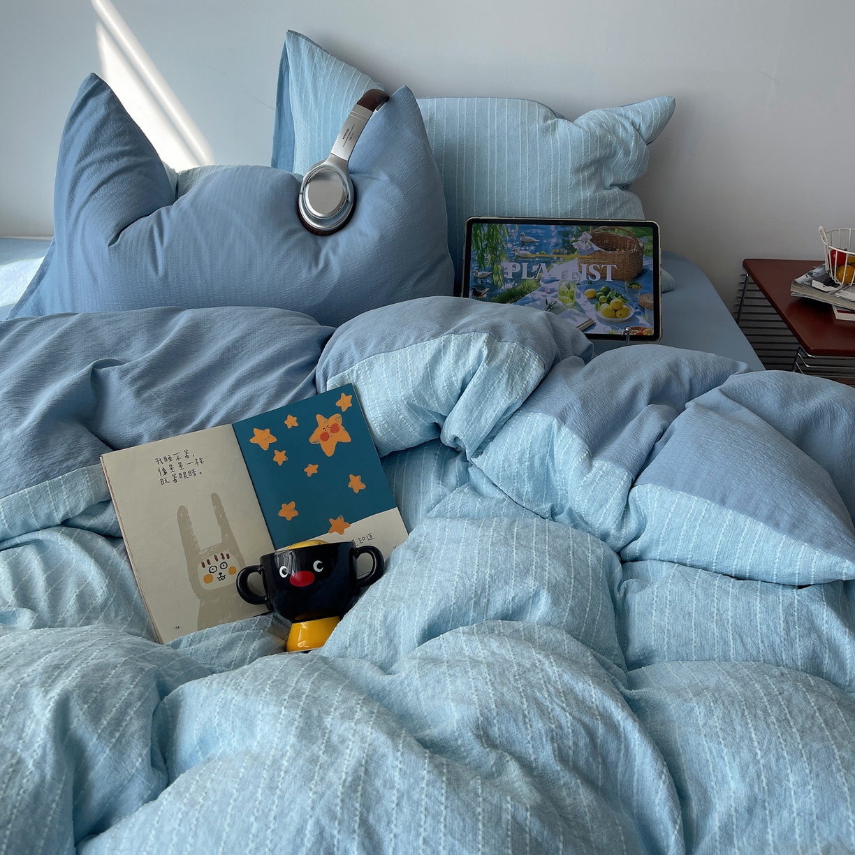 91家纺网 家纺一手货源 找家纺 栩裕纺织 2026新款高克重无印风阳离子提花工艺四件套 轻奢风-湖蓝