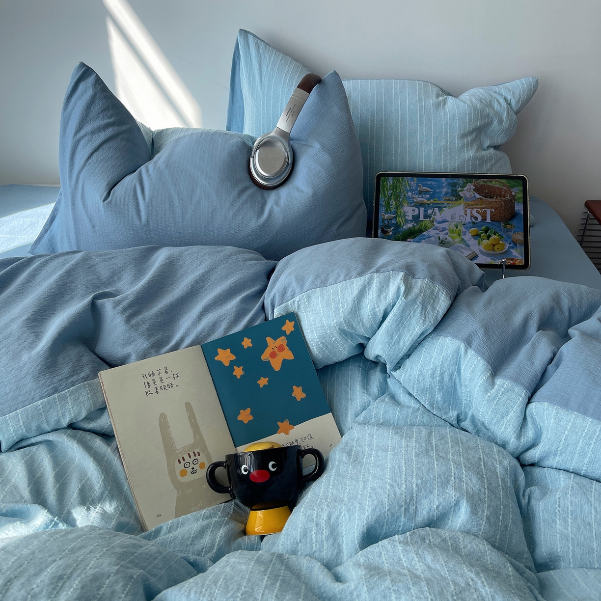 91家纺网 家纺一手货源 找家纺 栩裕纺织 2026新款高克重无印风阳离子提花工艺四件套 轻奢风-湖蓝