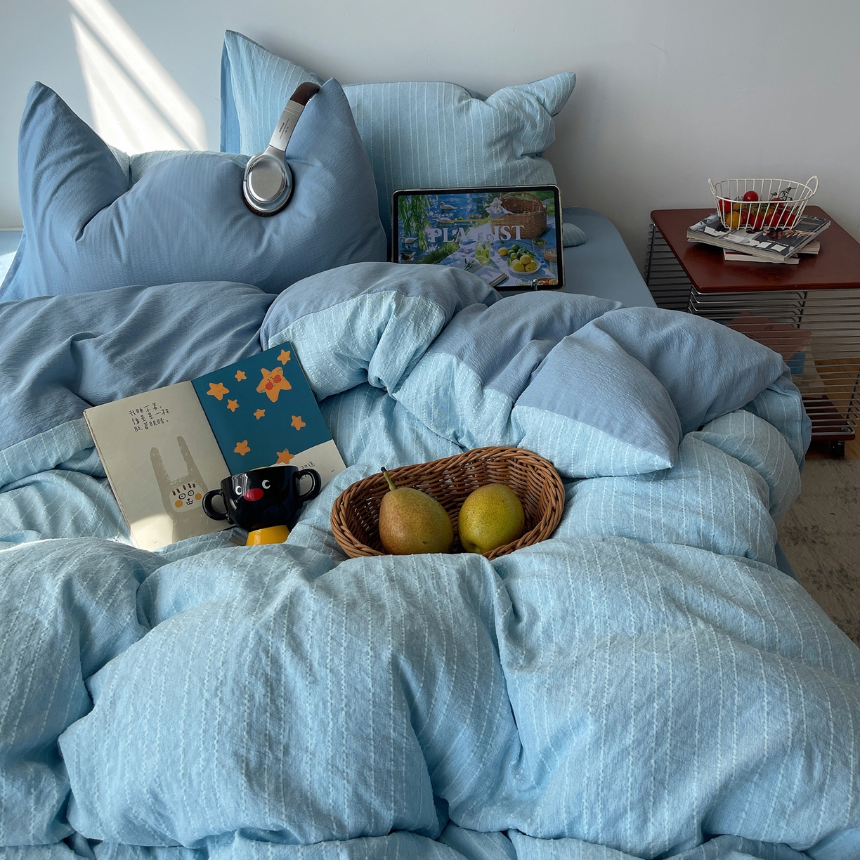 栩裕纺织 2026新款高克重无印风阳离子提花工艺四件套 轻奢风-湖蓝