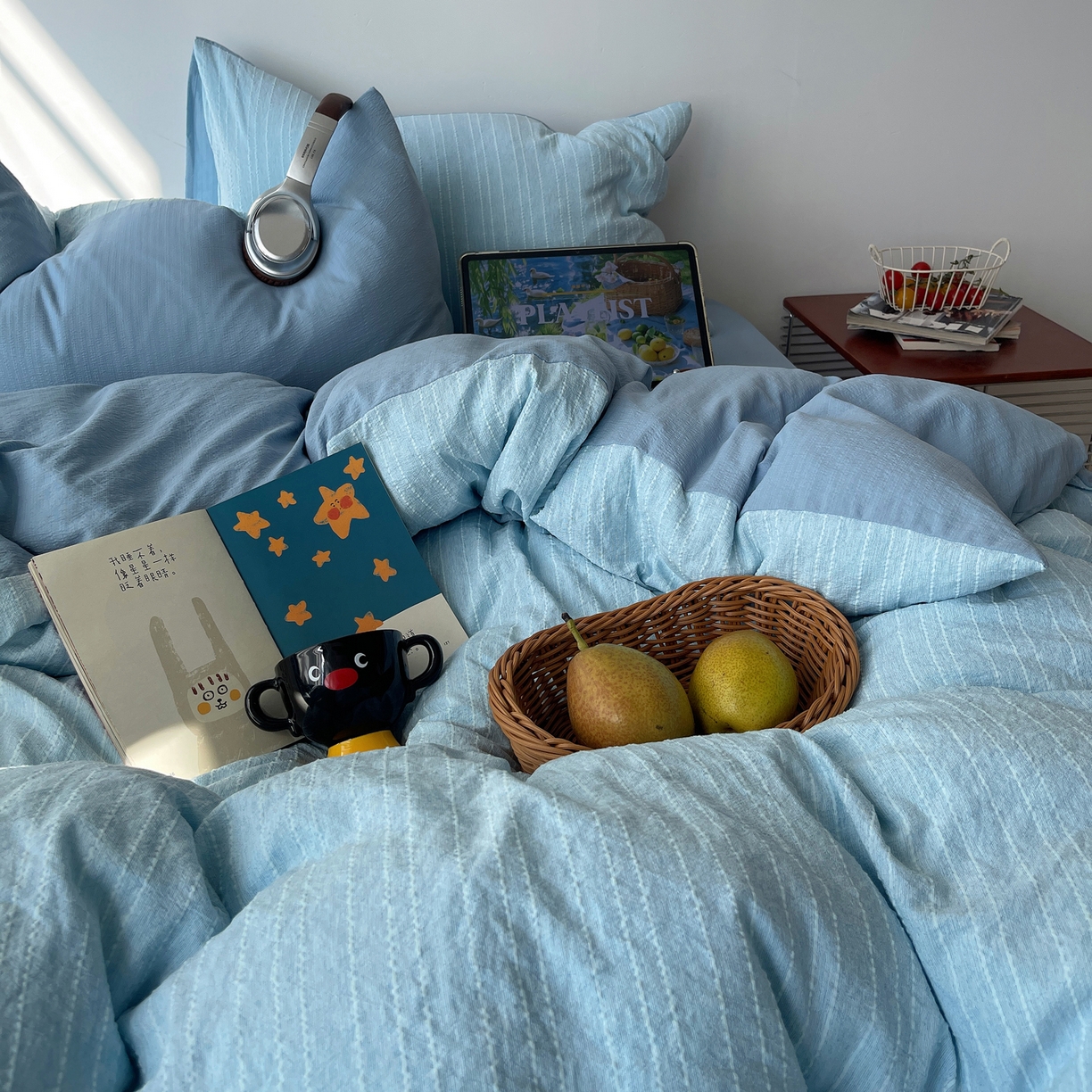 91家纺网 家纺一手货源 找家纺 栩裕纺织 2026新款高克重无印风阳离子提花工艺四件套 轻奢风-湖蓝