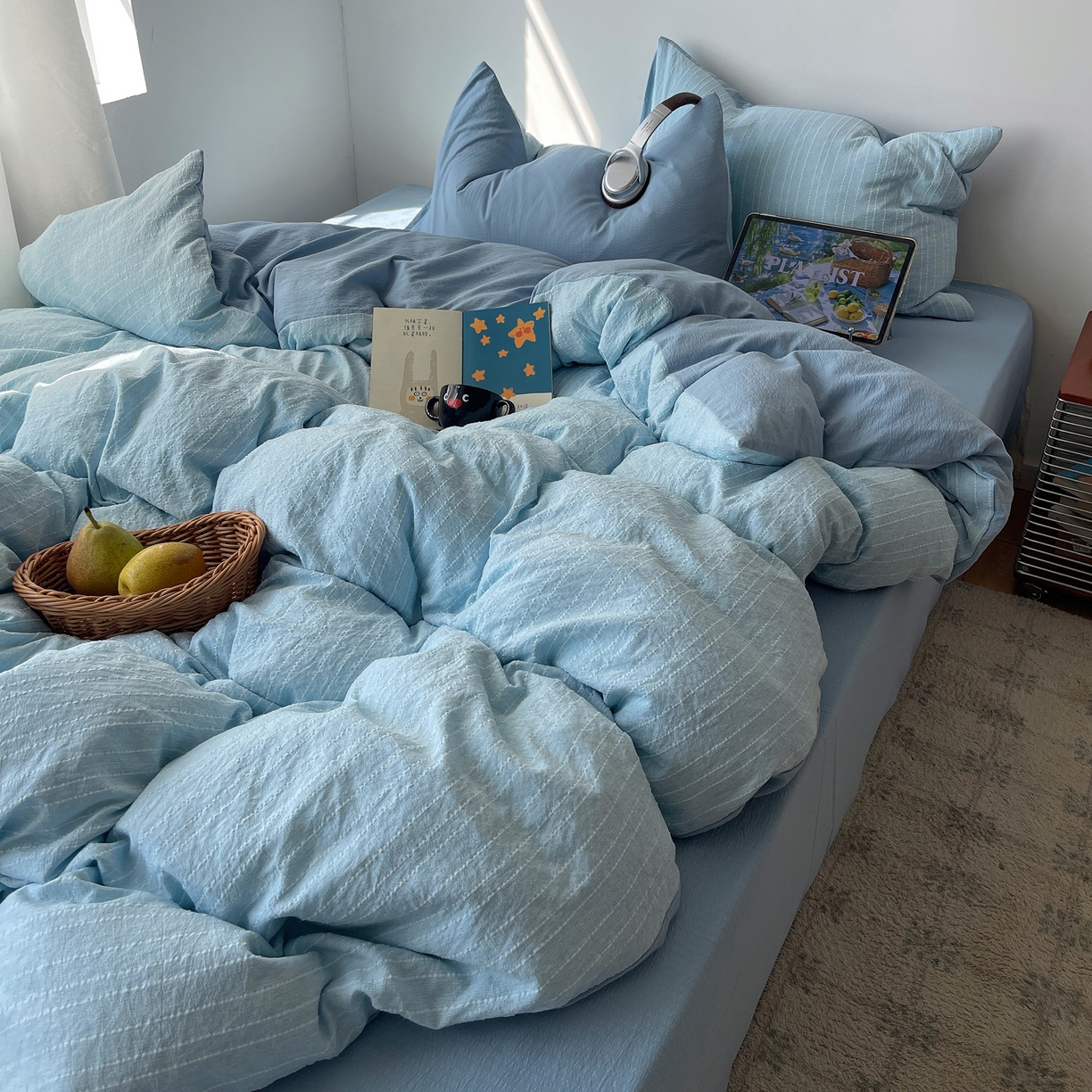 91家纺网 家纺一手货源 找家纺 栩裕纺织 2026新款高克重无印风阳离子提花工艺四件套 轻奢风-湖蓝