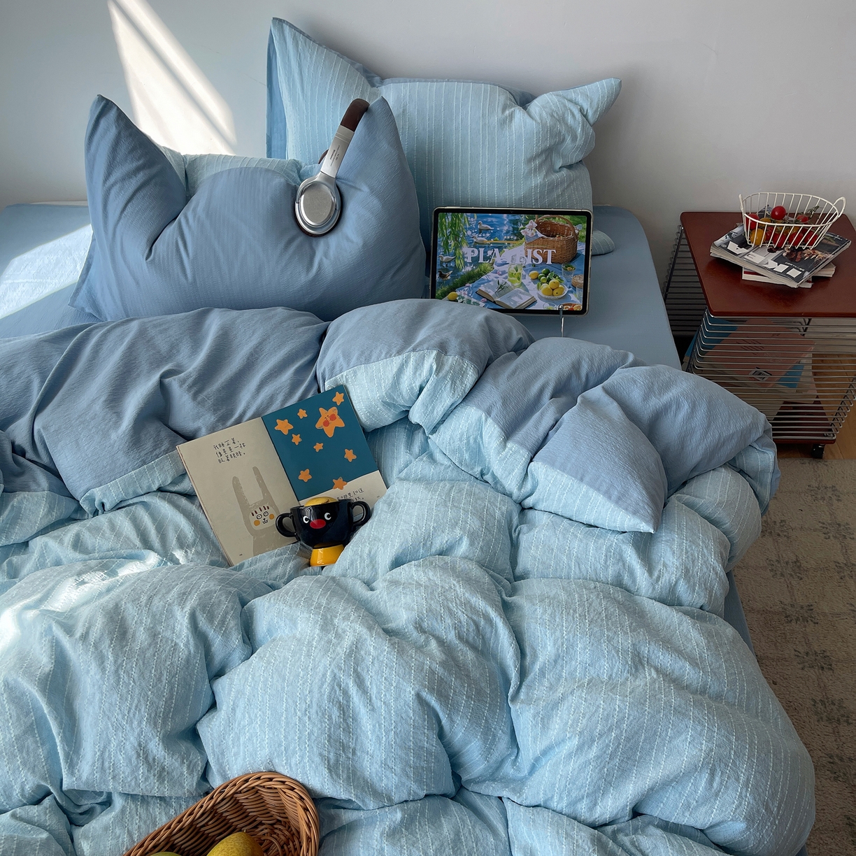 91家纺网 家纺一手货源 找家纺 栩裕纺织 2026新款高克重无印风阳离子提花工艺四件套 轻奢风-湖蓝