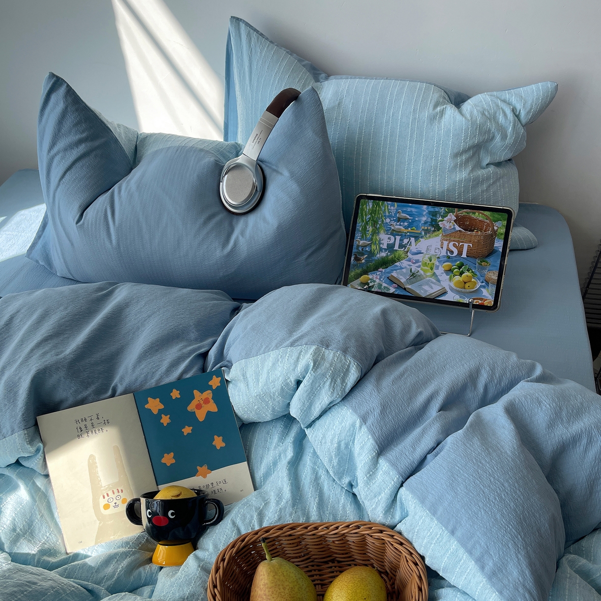 91家纺网 家纺一手货源 找家纺 栩裕纺织 2026新款高克重无印风阳离子提花工艺四件套 轻奢风-湖蓝