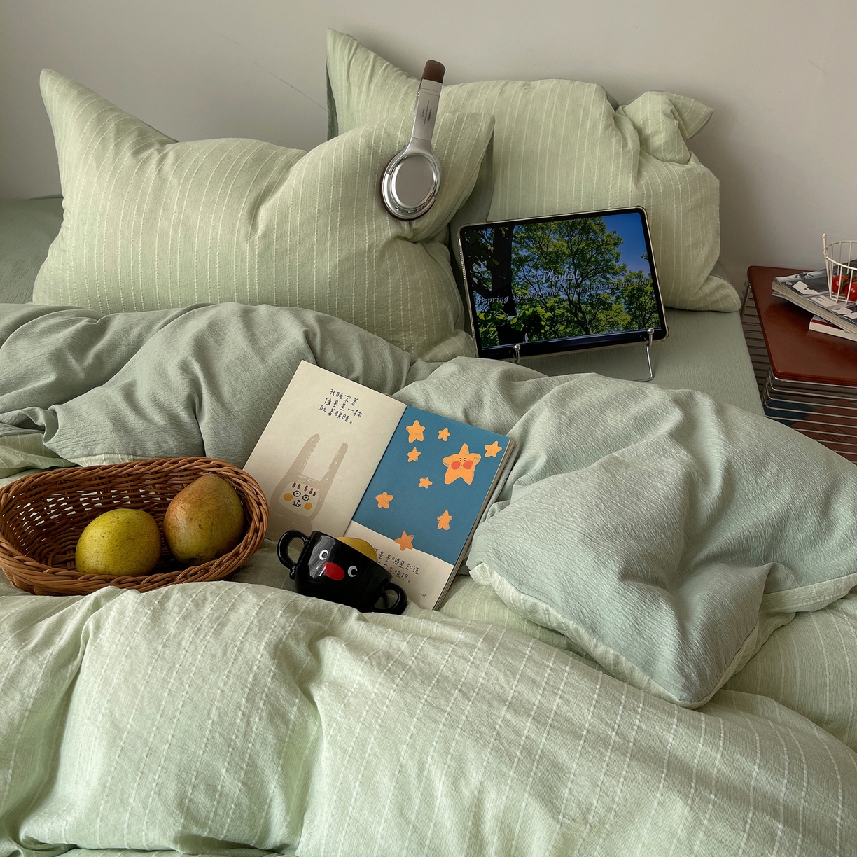 91家纺网 家纺一手货源 找家纺 栩裕纺织 2026新款高克重无印风阳离子提花工艺四件套 轻奢风-绿影