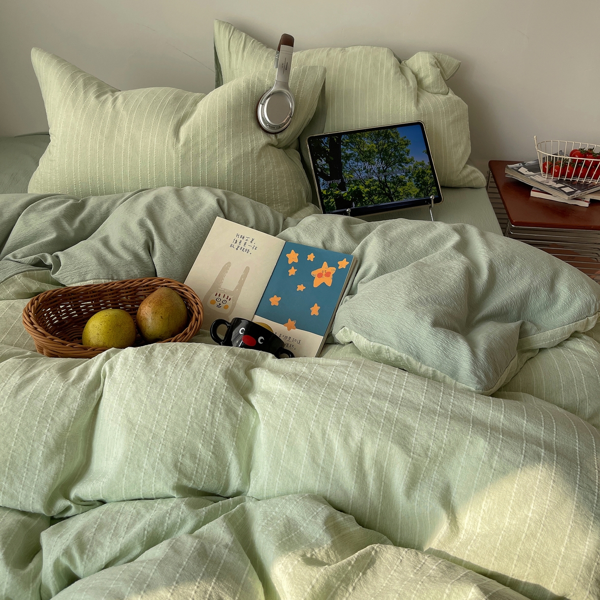 91家纺网 家纺一手货源 找家纺 栩裕纺织 2026新款高克重无印风阳离子提花工艺四件套 轻奢风-绿影