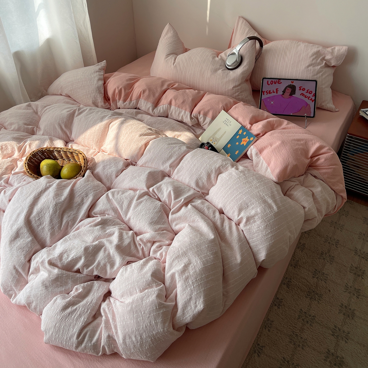 91家纺网 家纺一手货源 找家纺 栩裕纺织 2026新款高克重无印风阳离子提花工艺四件套 轻奢风-桃夭