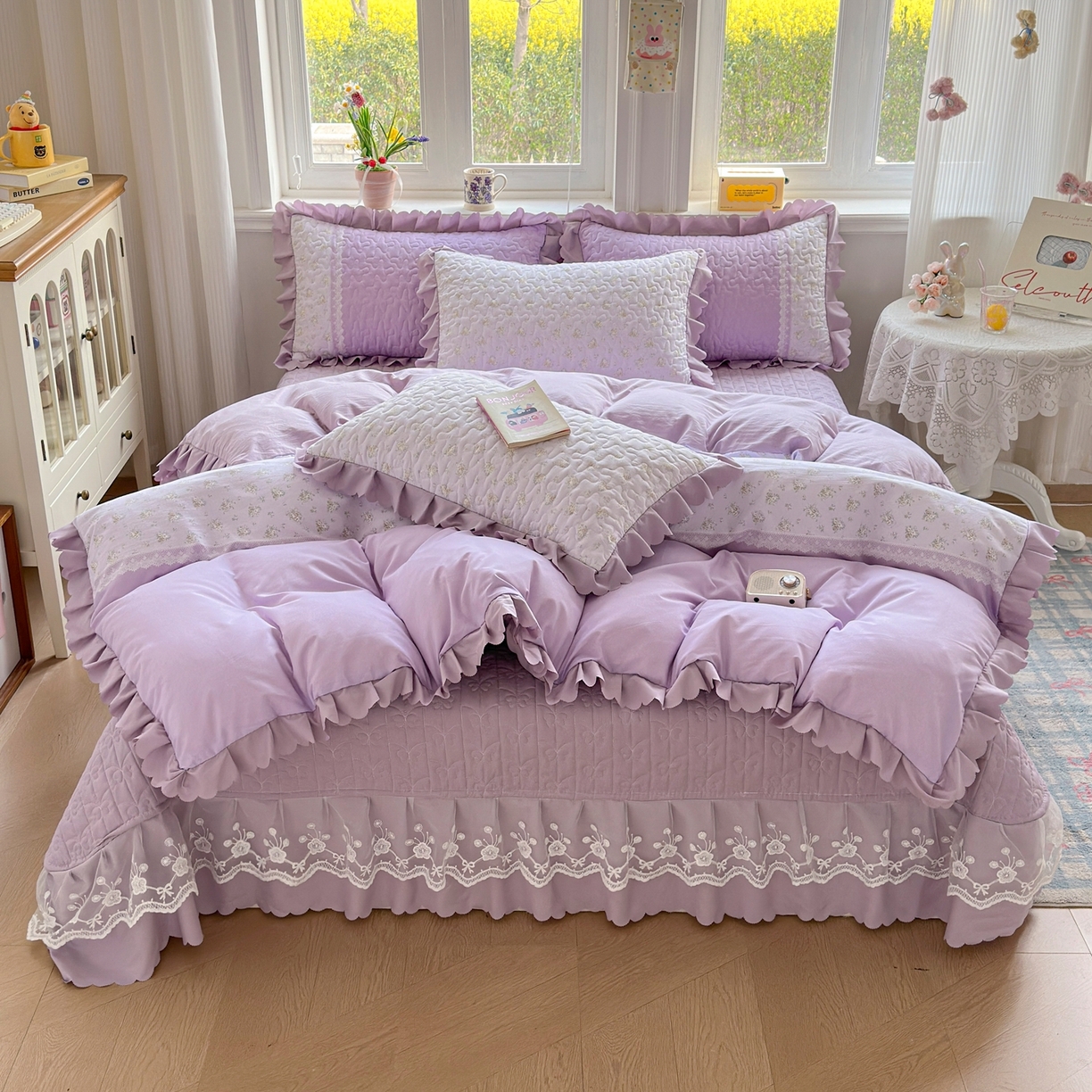 91家纺网 家纺一手货源 找家纺 雅眠居 2026新款直播爆款古法仿棉双层蕾丝花边床盖四件套 AB版-秘境紫
