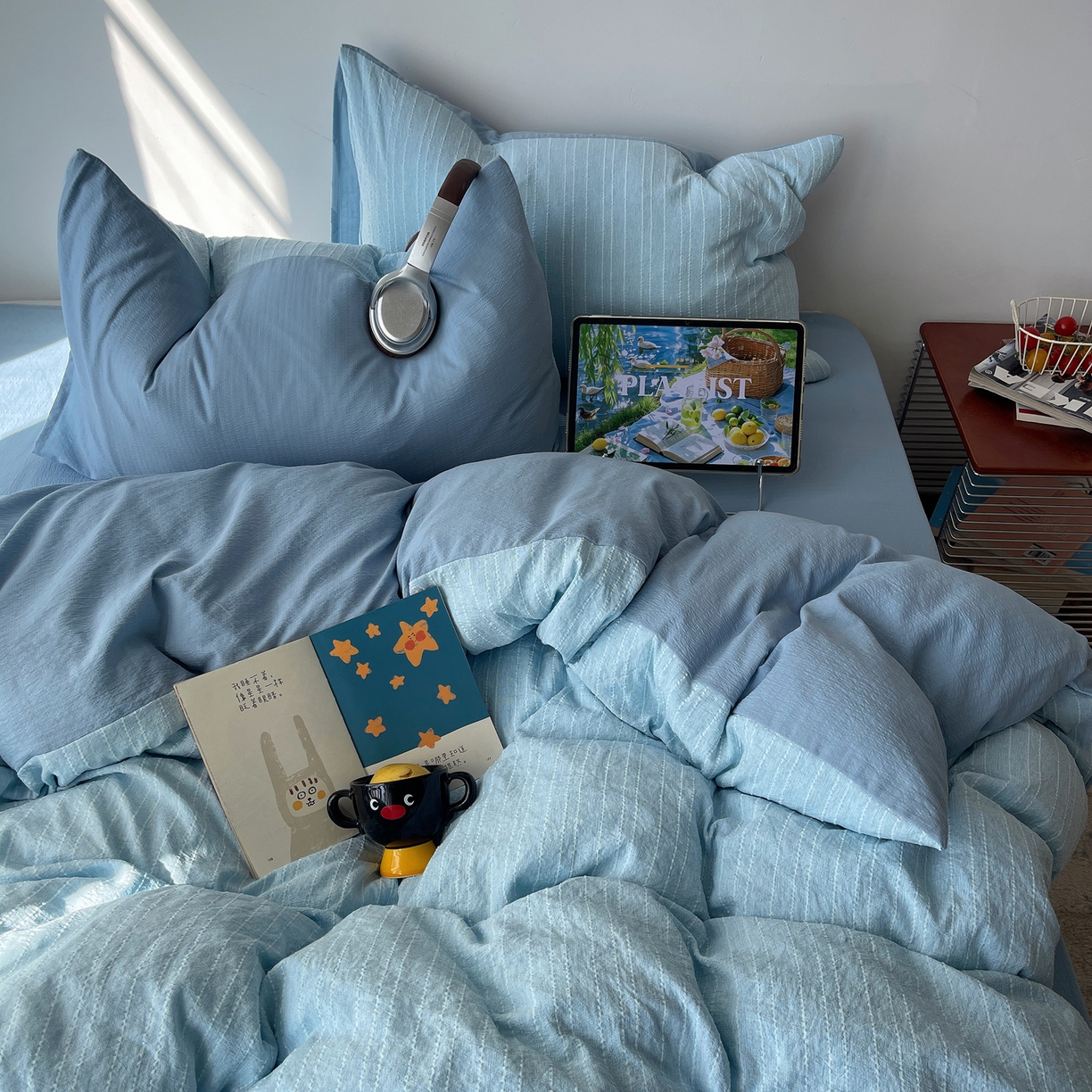 91家纺网 家纺一手货源 找家纺 栩裕纺织 2026新款高克重无印风阳离子提花工艺四件套 轻奢风-湖蓝