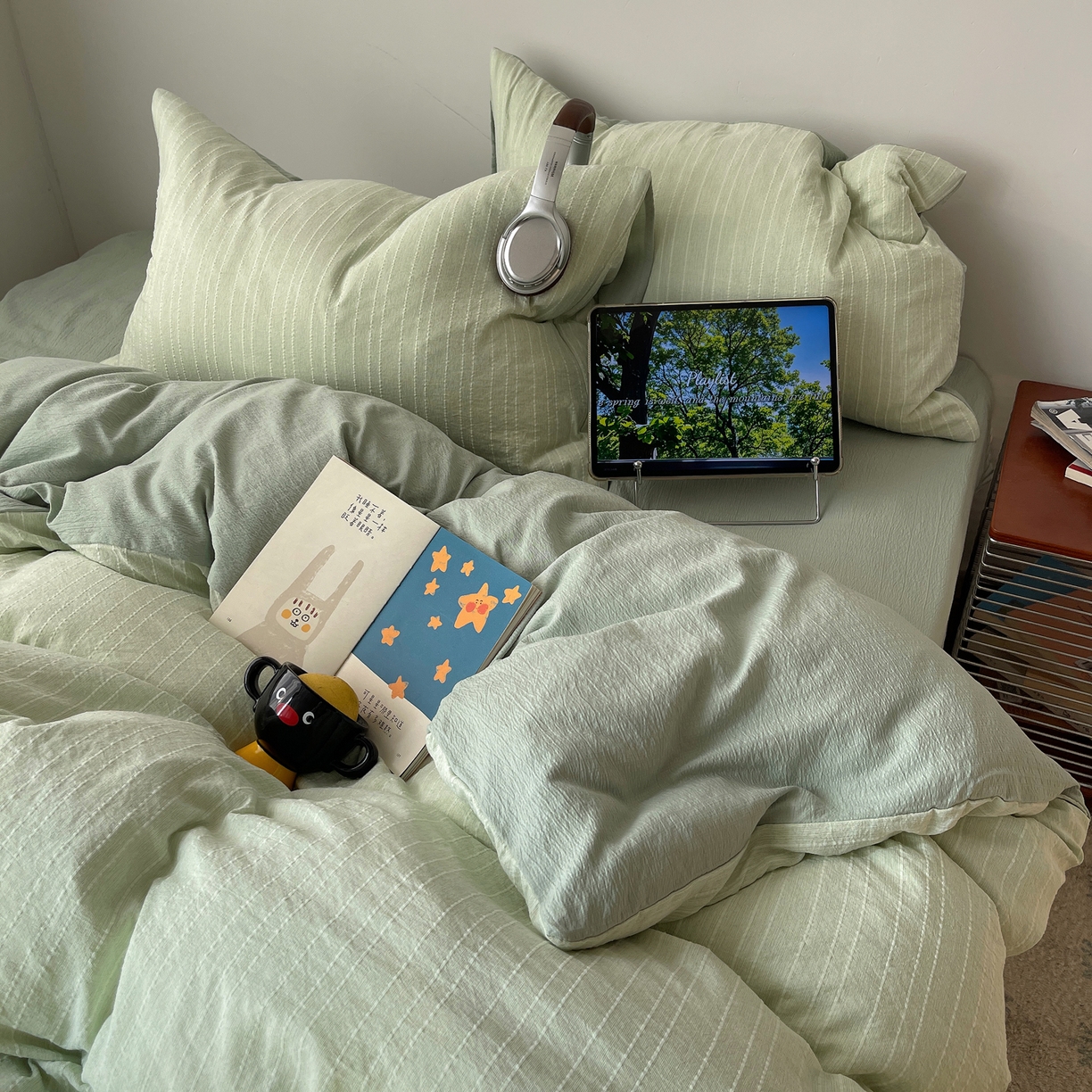 91家纺网 家纺一手货源 找家纺 栩裕纺织 2026新款高克重无印风阳离子提花工艺四件套 轻奢风-绿影