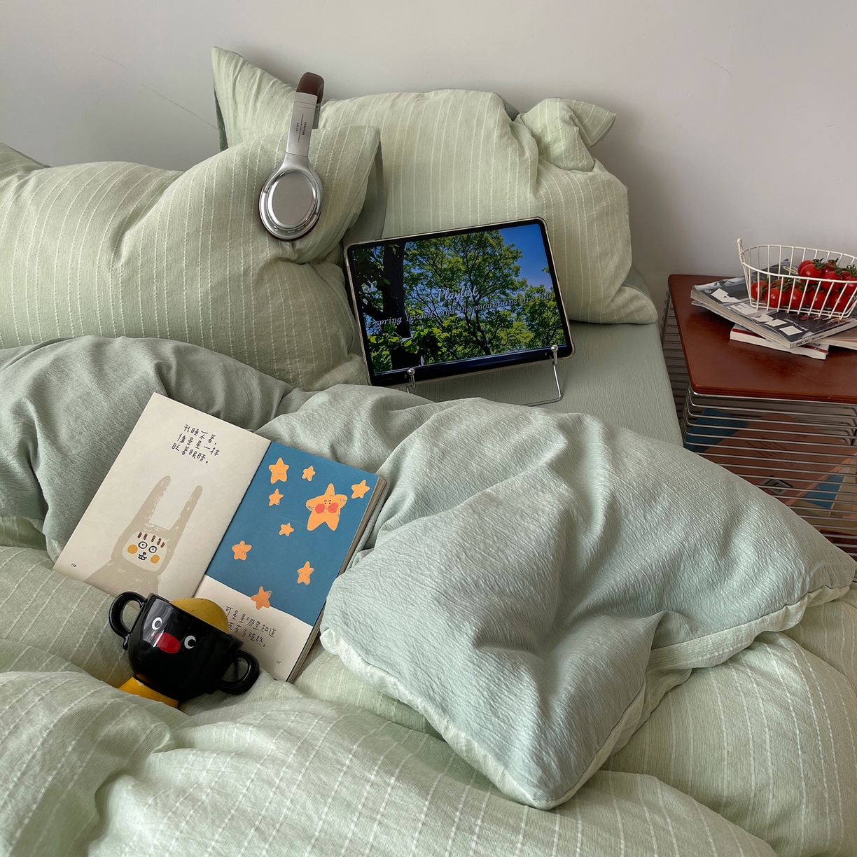 91家纺网 家纺一手货源 找家纺 栩裕纺织 2026新款高克重无印风阳离子提花工艺四件套 轻奢风-绿影