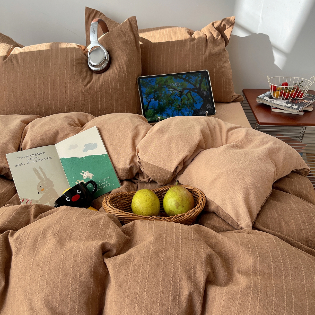 91家纺网 家纺一手货源 找家纺 栩裕纺织 2026新款高克重无印风阳离子提花工艺四件套 轻奢风-焦糖色