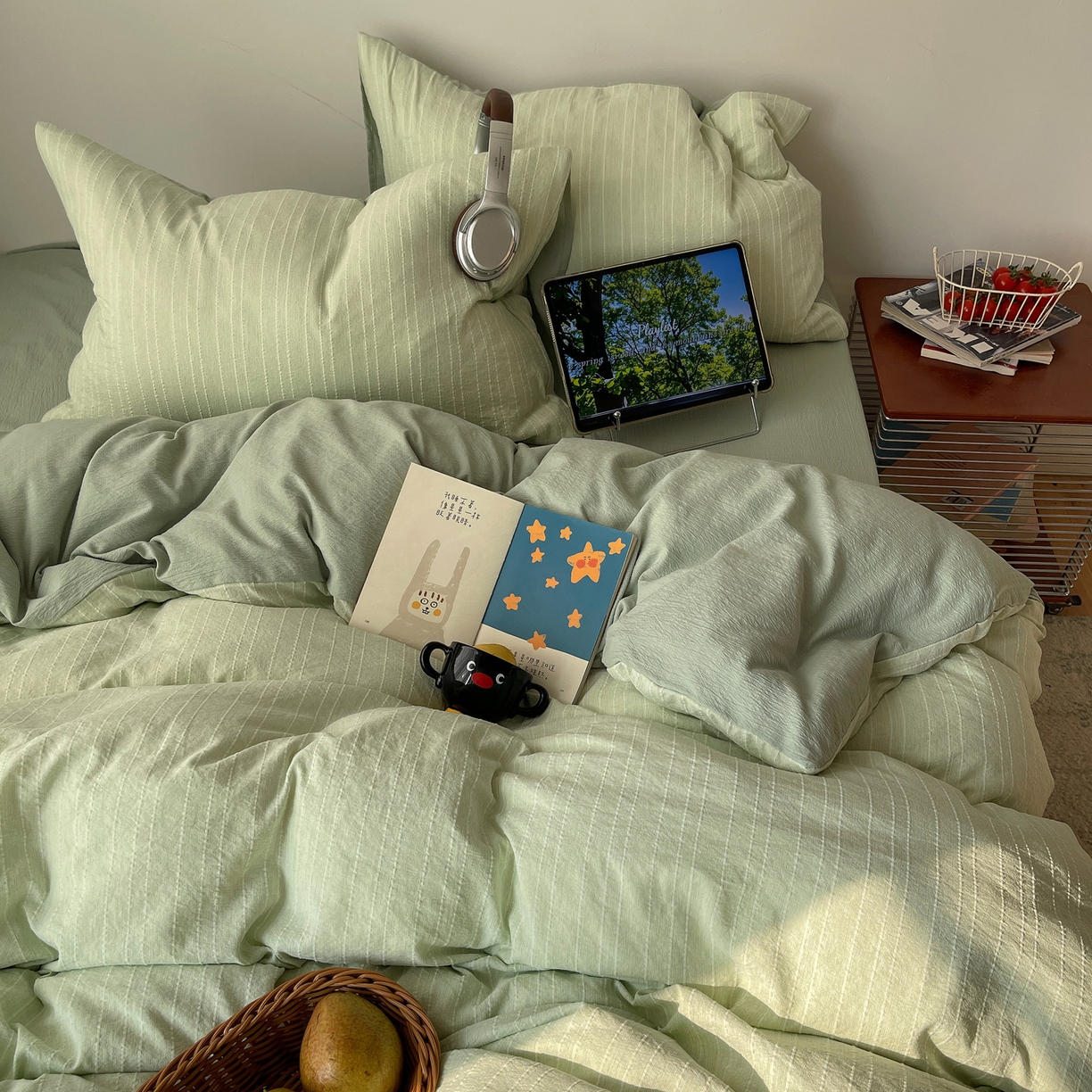 91家纺网 家纺一手货源 找家纺 栩裕纺织 2026新款高克重无印风阳离子提花工艺四件套 轻奢风-绿影