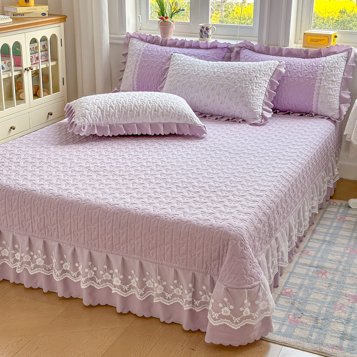 91家纺网 家纺一手货源 找家纺 雅眠居 2026新款直播爆款古法仿棉双层蕾丝花边床盖四件套 AB版-秘境紫
