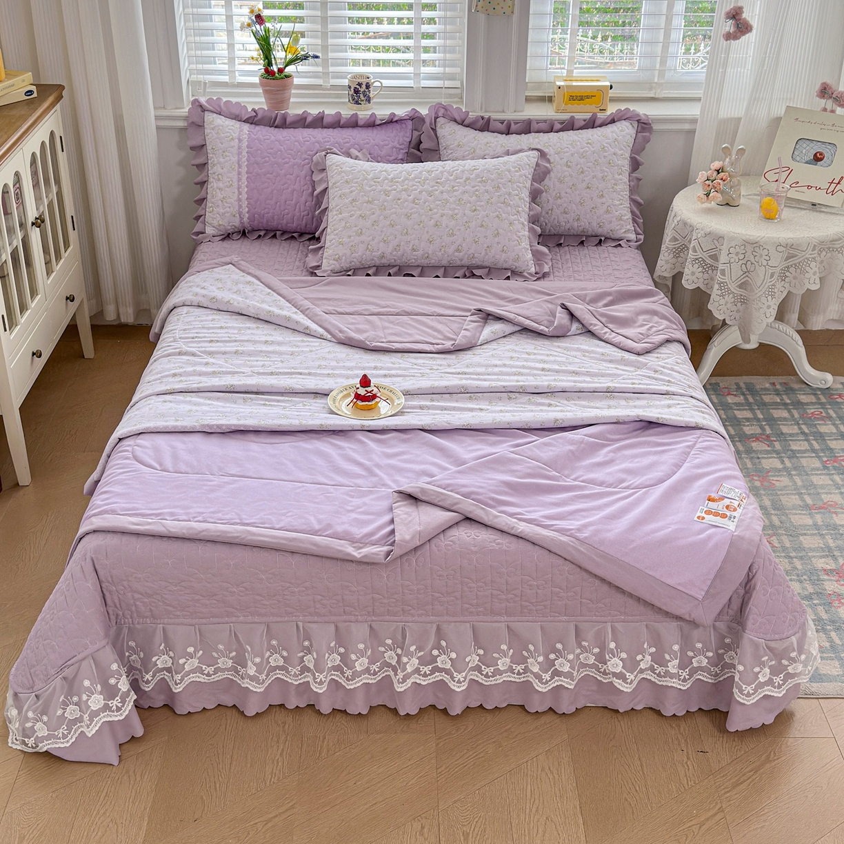 91家纺网 家纺一手货源 找家纺 雅眠居 2026新款直播爆款古法仿棉双层蕾丝花边床盖四件套 AB版-秘境紫