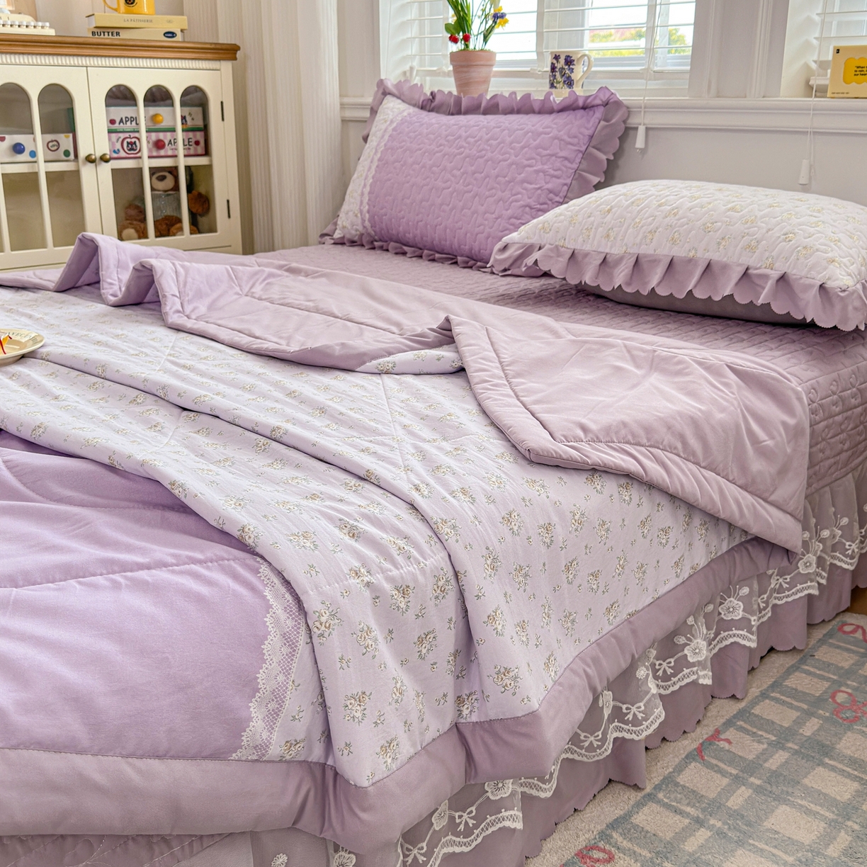 91家纺网 家纺一手货源 找家纺 雅眠居 2026新款直播爆款古法仿棉双层蕾丝花边床盖四件套 AB版-秘境紫