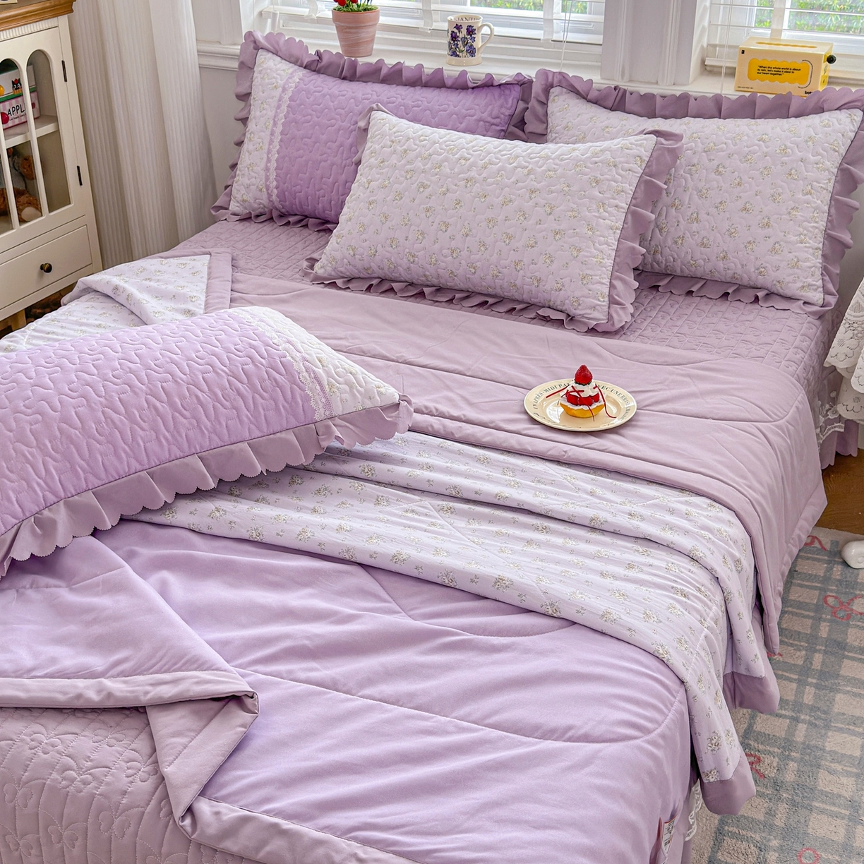 91家纺网 家纺一手货源 找家纺 雅眠居 2026新款直播爆款古法仿棉双层蕾丝花边床盖四件套 AB版-秘境紫