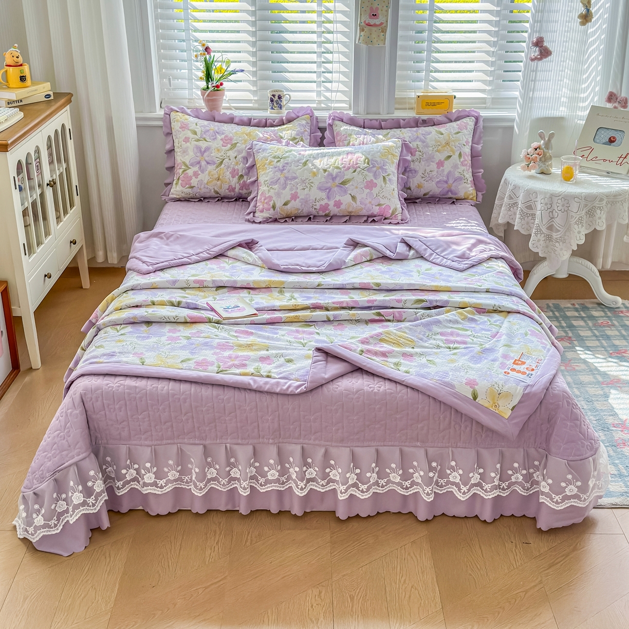 91家纺网 家纺一手货源 找家纺 雅眠居 2026新款直播爆款古法仿棉双层蕾丝花边床盖四件套 AB版-盛夏