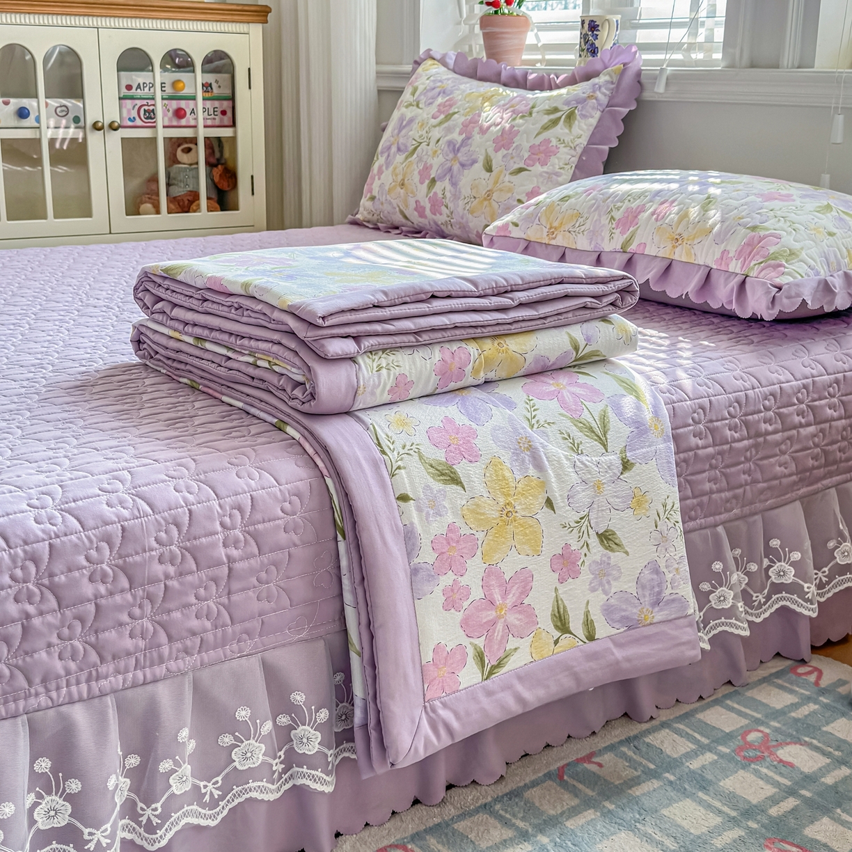 91家纺网 家纺一手货源 找家纺 雅眠居 2026新款直播爆款古法仿棉双层蕾丝花边床盖四件套 AB版-盛夏