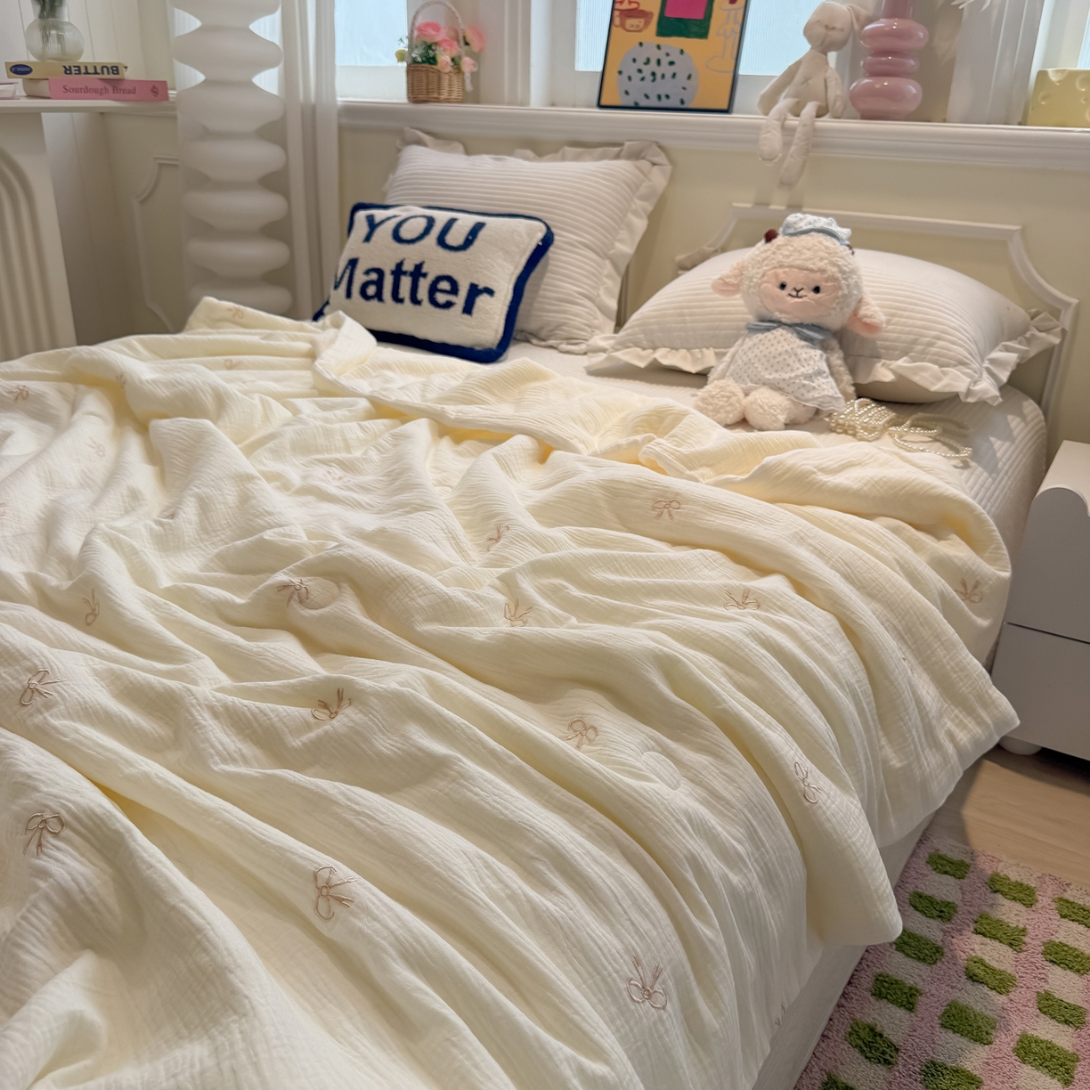 91家纺网 家纺一手货源 找家纺 盼季家纺 2026新款高品质A类木棉皱皱纱小清新刺绣夏被 小清新刺绣夏被-蝴蝶结