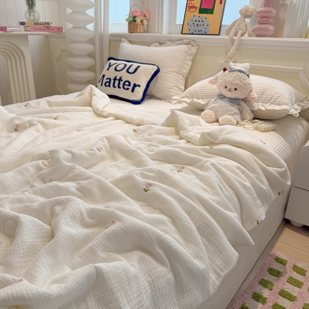 91家纺网 家纺一手货源 找家纺 盼季家纺 2026新款高品质A类木棉皱皱纱小清新刺绣夏被 小清新刺绣夏被-郁金香