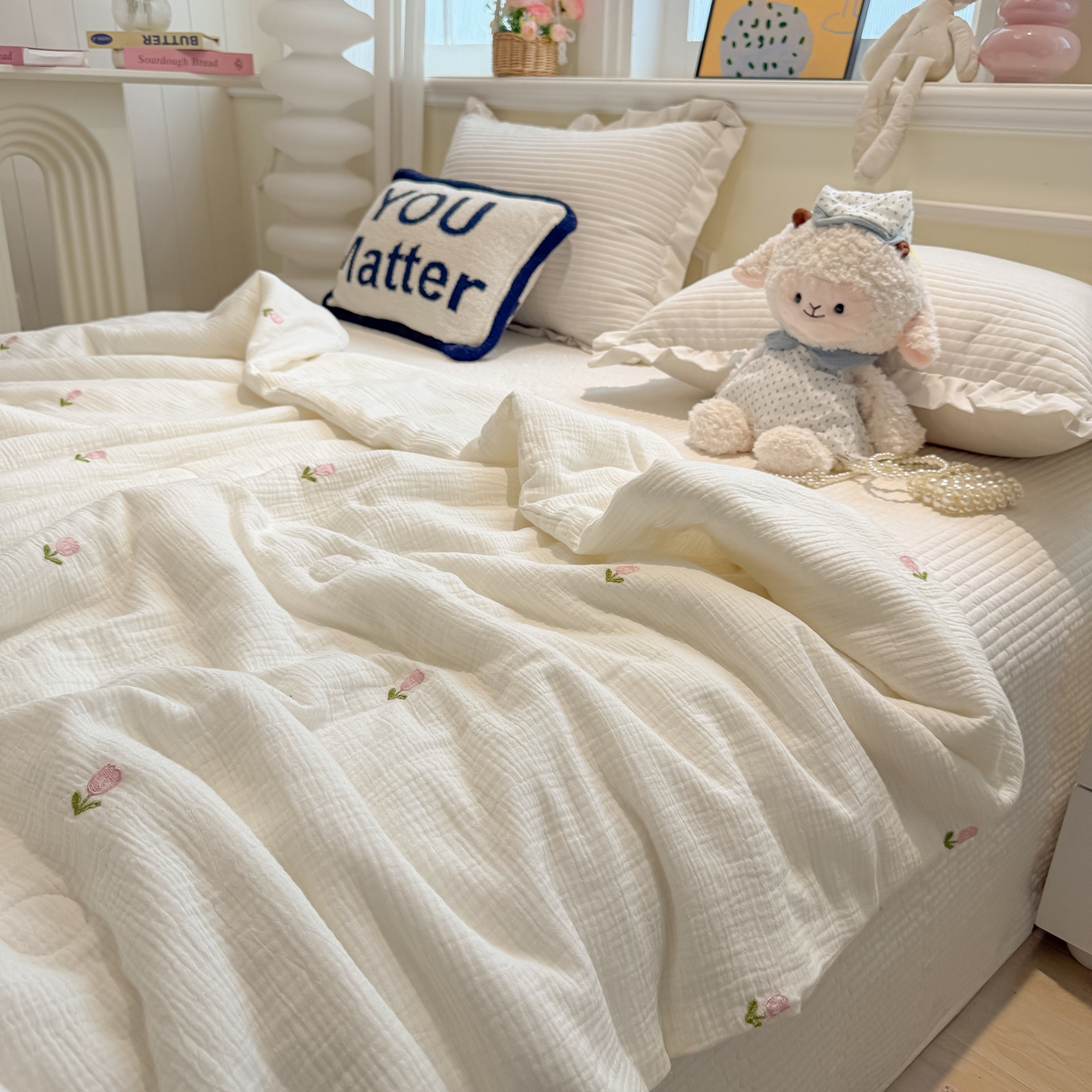 91家纺网 家纺一手货源 找家纺 盼季家纺 2026新款高品质A类木棉皱皱纱小清新刺绣夏被 小清新刺绣夏被-郁金香