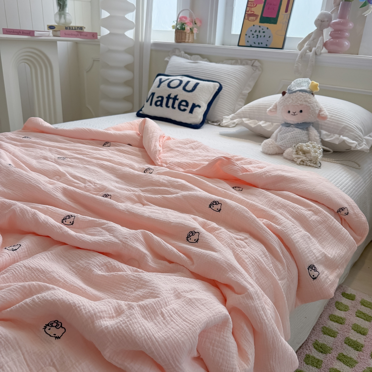 91家纺网 家纺一手货源 找家纺 盼季家纺 2026新款高品质A类木棉皱皱纱小清新刺绣夏被 小清新刺绣夏被-小KT