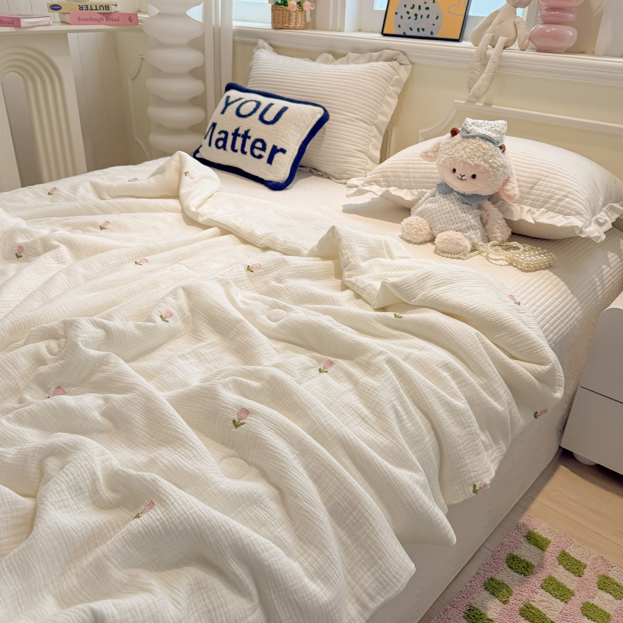 91家纺网 家纺一手货源 找家纺 盼季家纺 2026新款高品质A类木棉皱皱纱小清新刺绣夏被 小清新刺绣夏被-郁金香