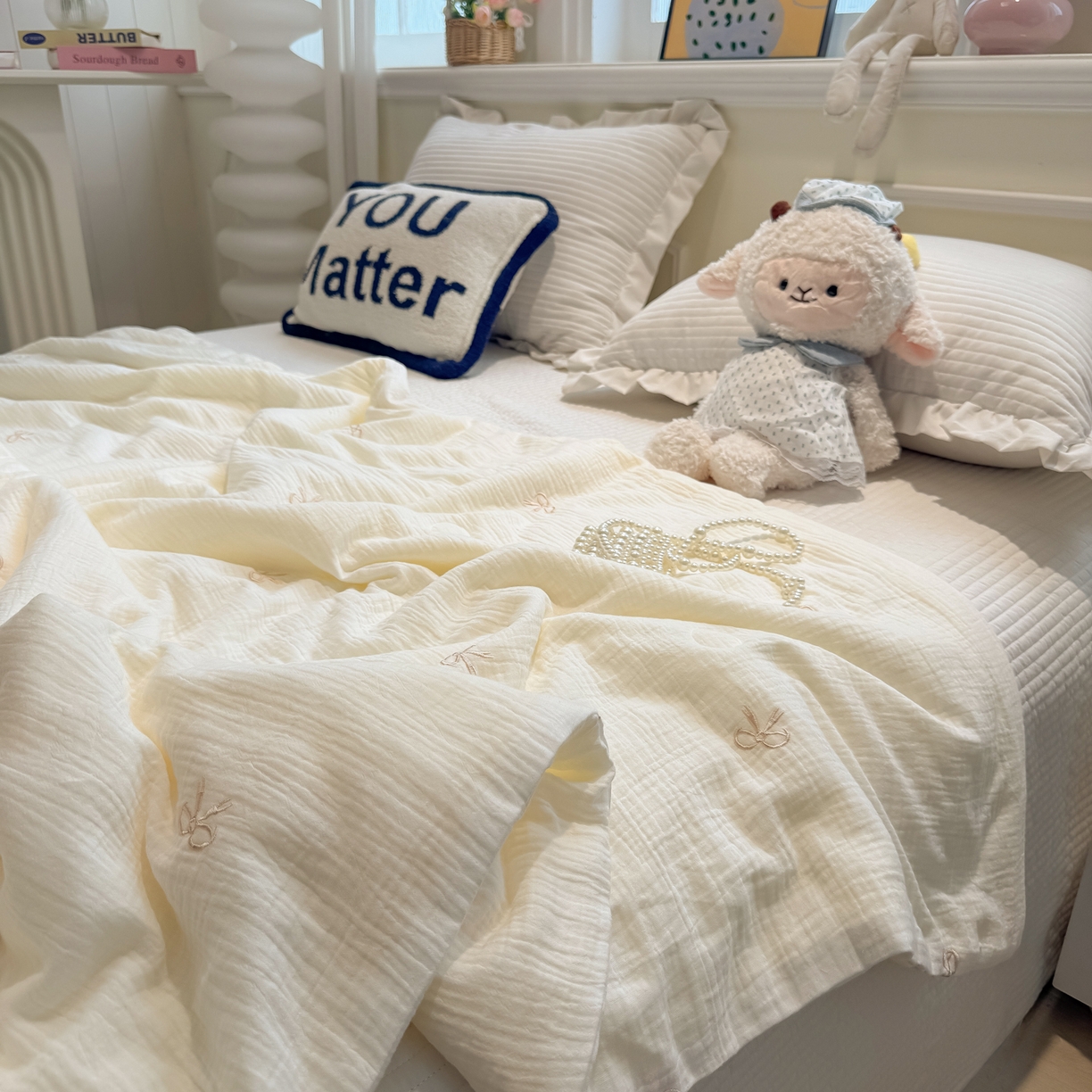 91家纺网 家纺一手货源 找家纺 盼季家纺 2026新款高品质A类木棉皱皱纱小清新刺绣夏被 小清新刺绣夏被-蝴蝶结