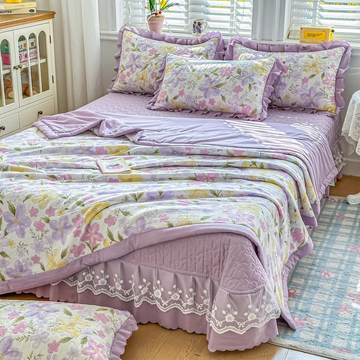 91家纺网 家纺一手货源 找家纺 雅眠居 2026新款直播爆款古法仿棉双层蕾丝花边床盖四件套 AB版-盛夏