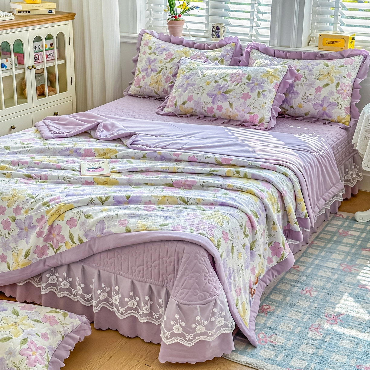 91家纺网 家纺一手货源 找家纺 雅眠居 2026新款直播爆款古法仿棉双层蕾丝花边床盖四件套 AB版-盛夏