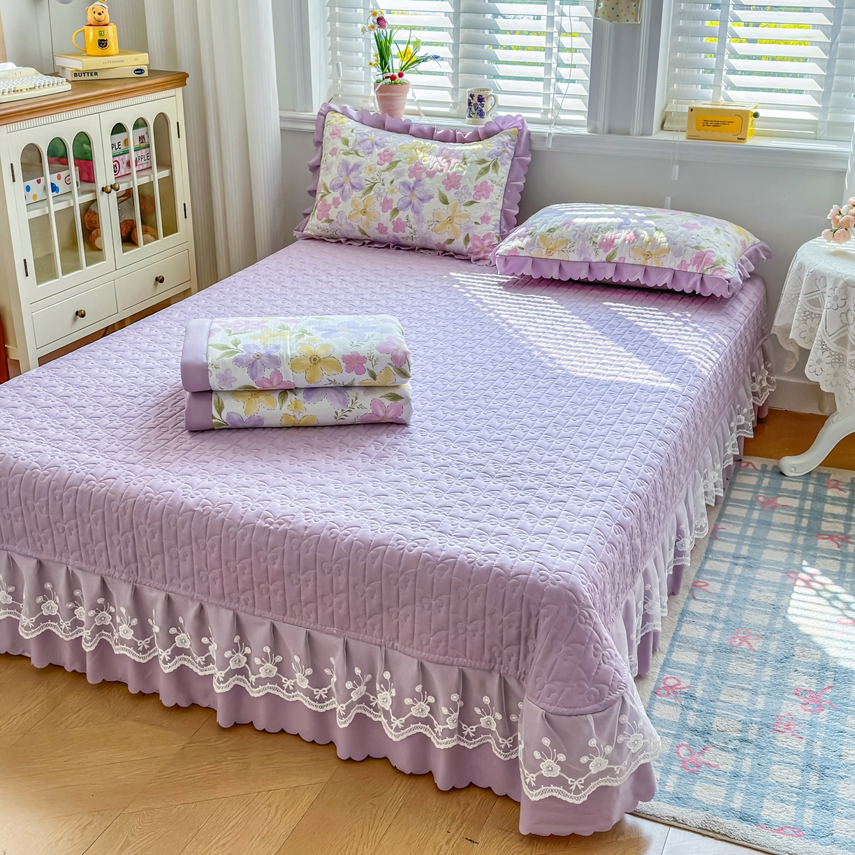 91家纺网 家纺一手货源 找家纺 雅眠居 2026新款直播爆款古法仿棉双层蕾丝花边床盖四件套 AB版-盛夏