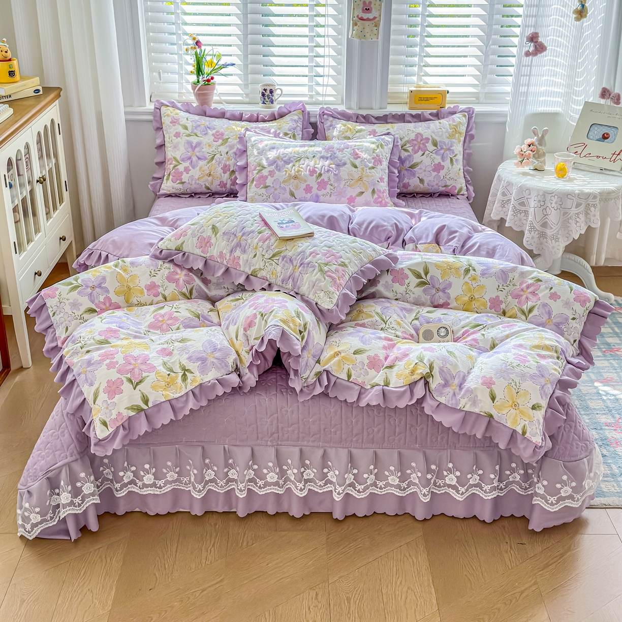 91家纺网 家纺一手货源 找家纺 雅眠居 2026新款直播爆款古法仿棉双层蕾丝花边床盖四件套 AB版-盛夏