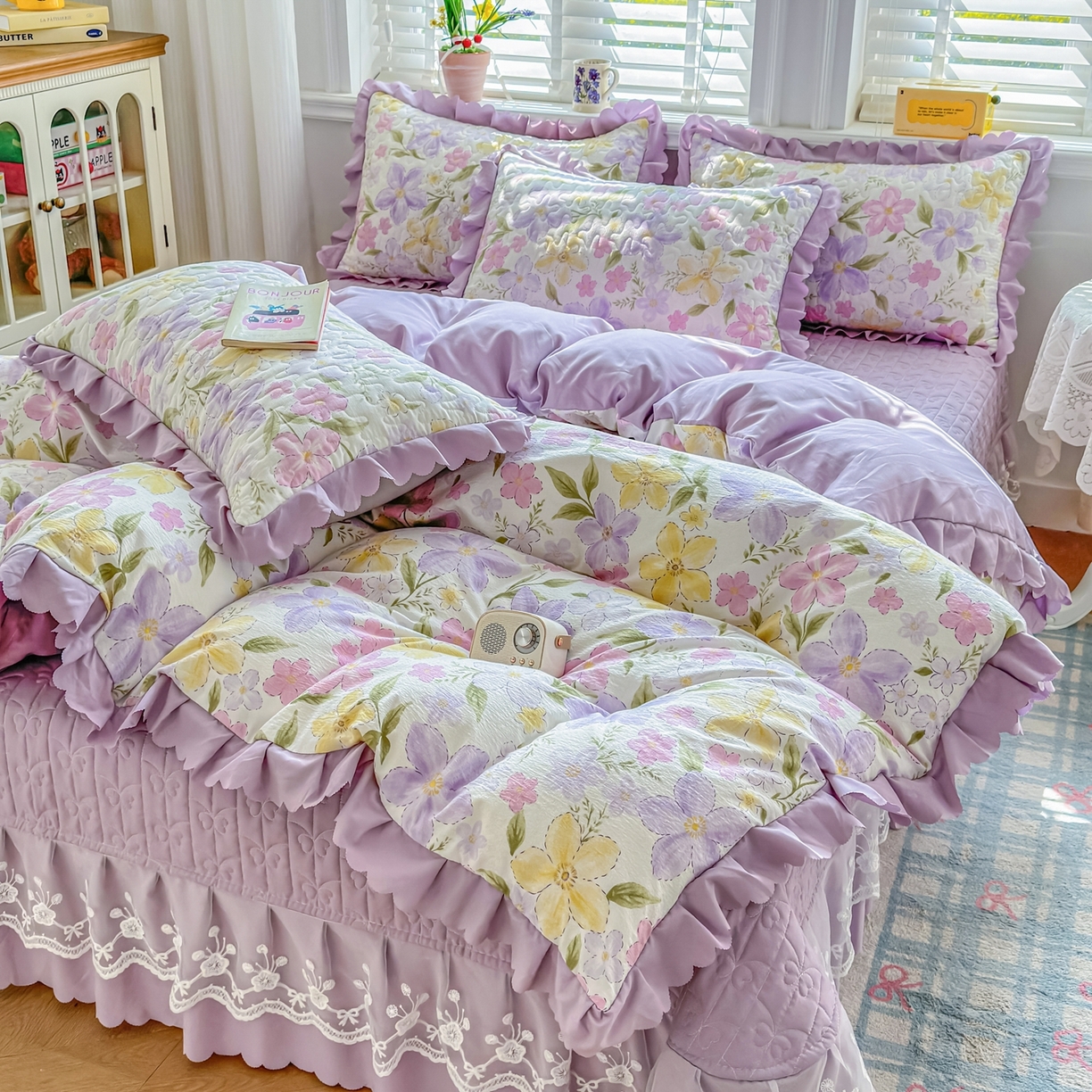 雅眠居 2026新款直播爆款古法仿棉双层蕾丝花边床盖四件套 AB版-盛夏