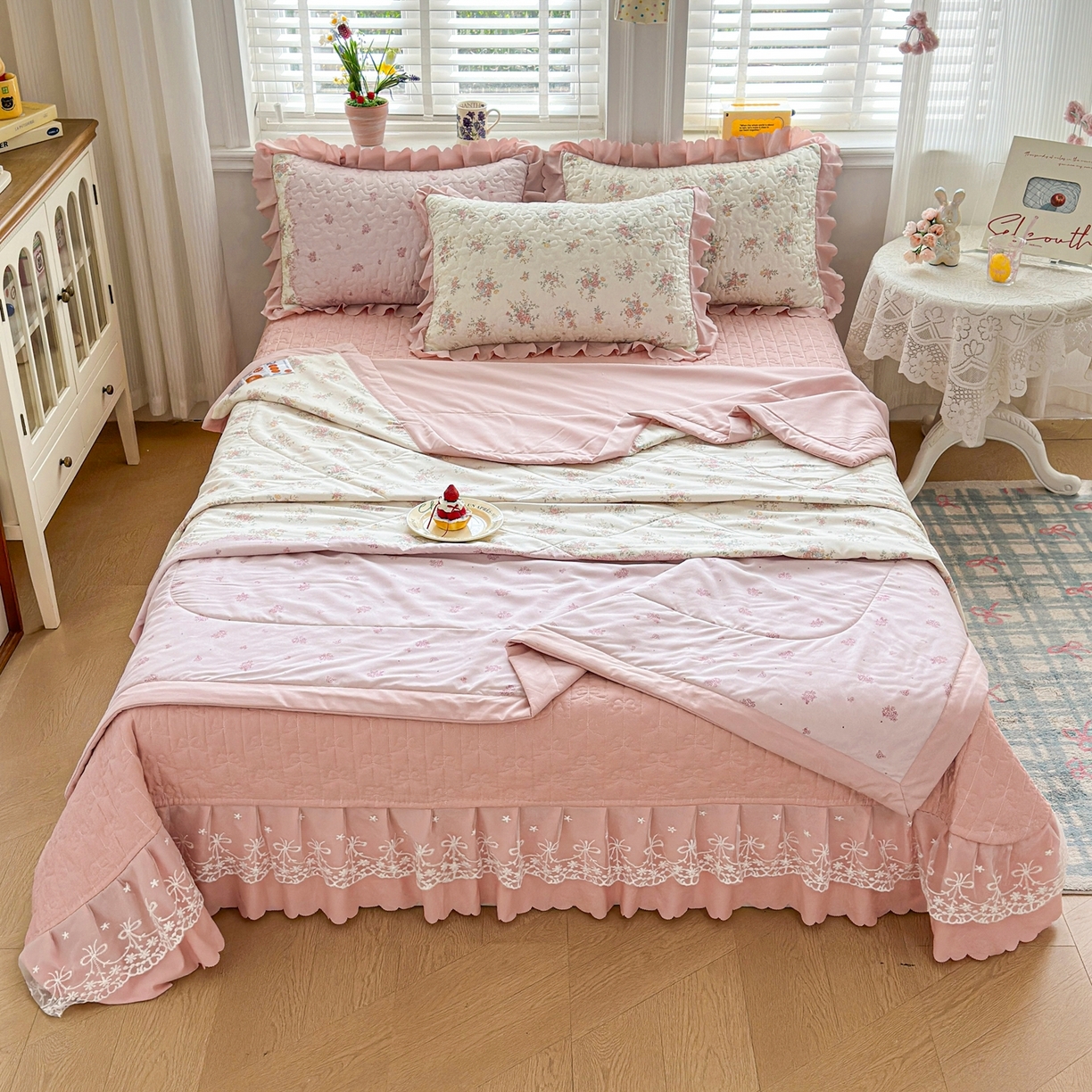 91家纺网 家纺一手货源 找家纺 雅眠居 2026新款直播爆款古法仿棉双层蕾丝花边床盖四件套 AB版-诗意