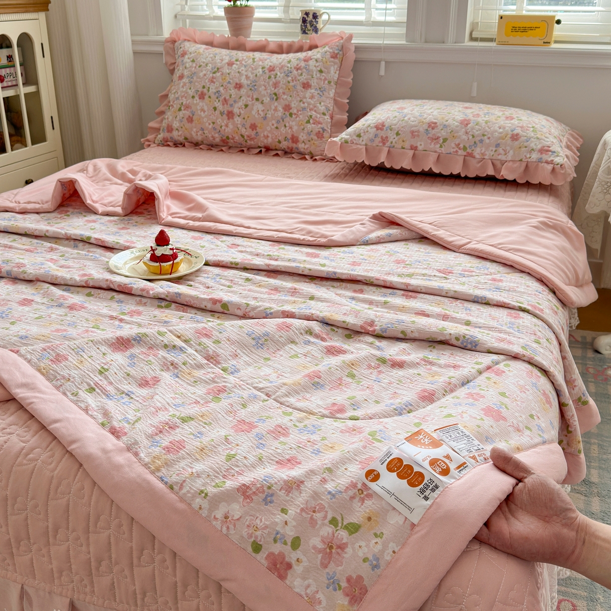 91家纺网 家纺一手货源 找家纺 雅眠居 2026新款直播爆款古法仿棉双层蕾丝花边床盖四件套 AB版-十里桃花