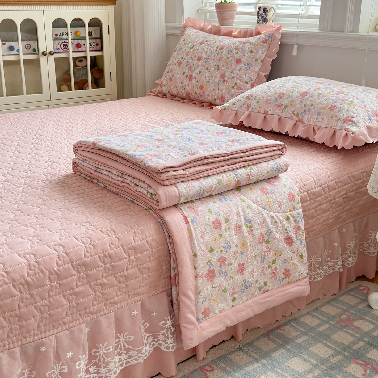 91家纺网 家纺一手货源 找家纺 雅眠居 2026新款直播爆款古法仿棉双层蕾丝花边床盖四件套 AB版-十里桃花