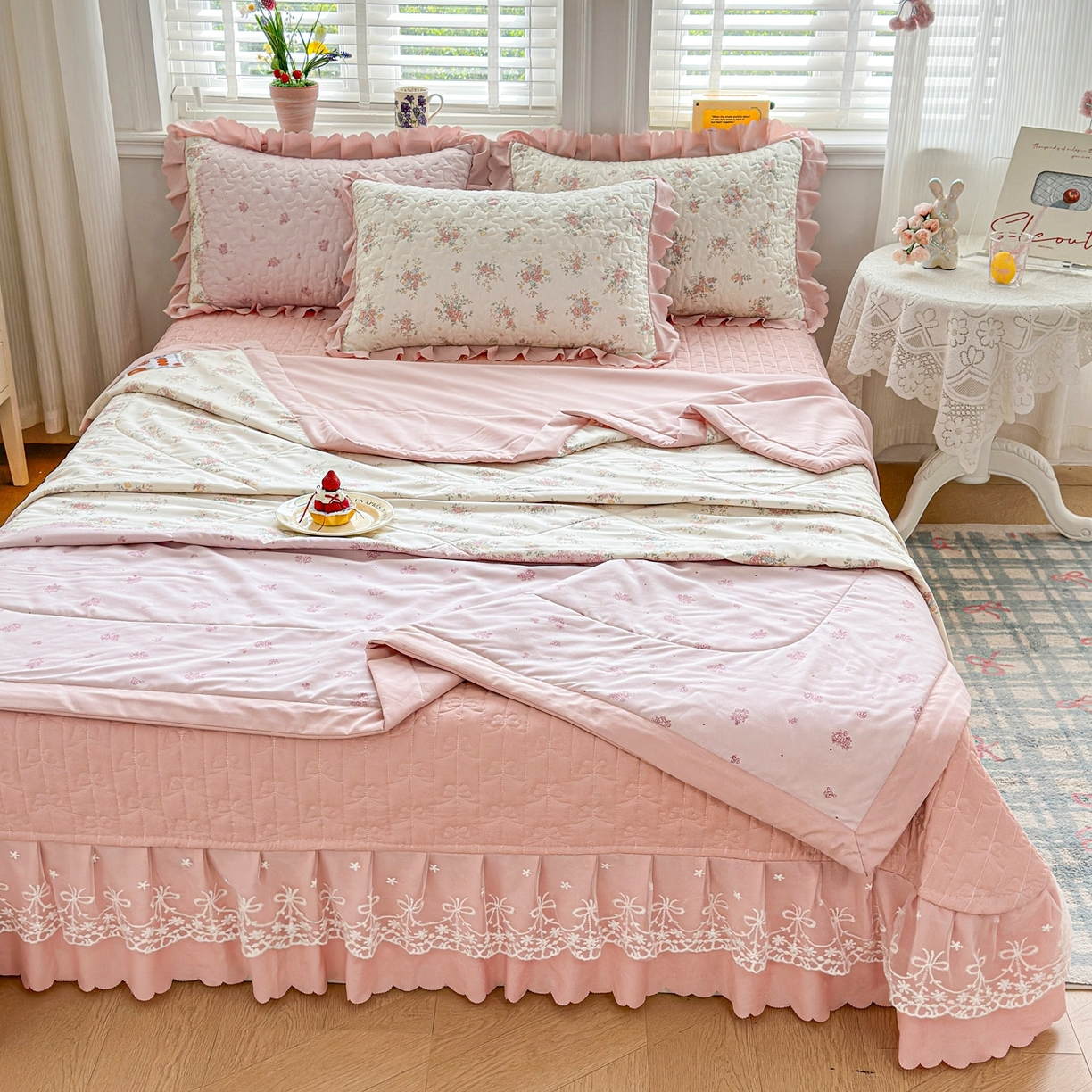 91家纺网 家纺一手货源 找家纺 雅眠居 2026新款直播爆款古法仿棉双层蕾丝花边床盖四件套 AB版-诗意