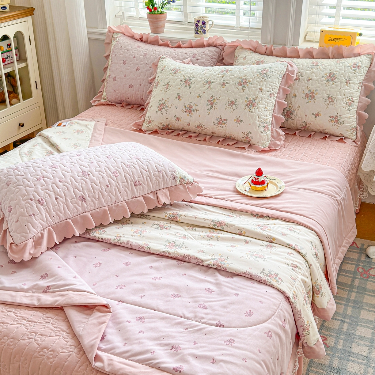 91家纺网 家纺一手货源 找家纺 雅眠居 2026新款直播爆款古法仿棉双层蕾丝花边床盖四件套 AB版-诗意