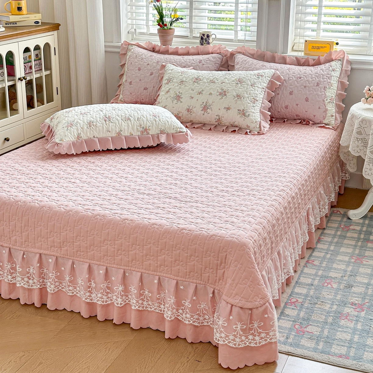 91家纺网 家纺一手货源 找家纺 雅眠居 2026新款直播爆款古法仿棉双层蕾丝花边床盖四件套 AB版-诗意