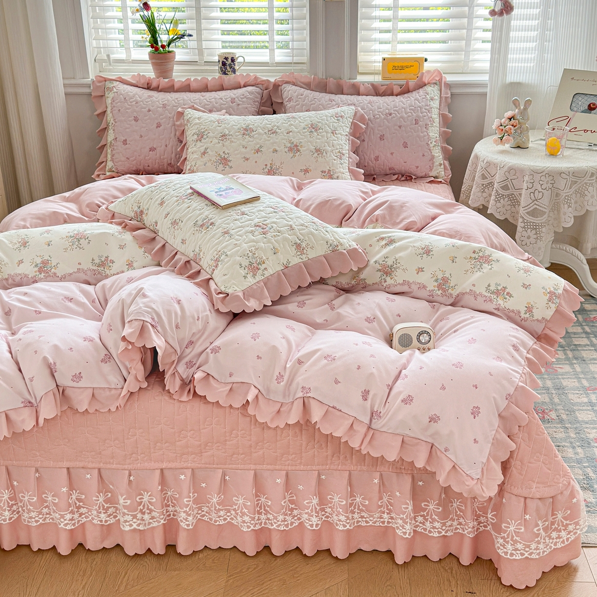 91家纺网 家纺一手货源 找家纺 雅眠居 2026新款直播爆款古法仿棉双层蕾丝花边床盖四件套 AB版-诗意