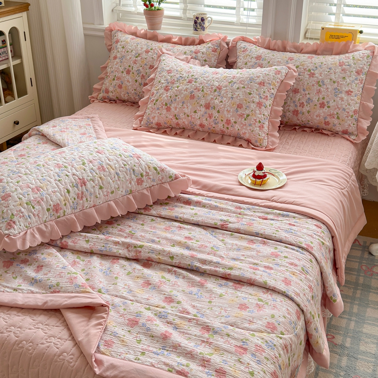 91家纺网 家纺一手货源 找家纺 雅眠居 2026新款直播爆款古法仿棉双层蕾丝花边床盖四件套 AB版-十里桃花