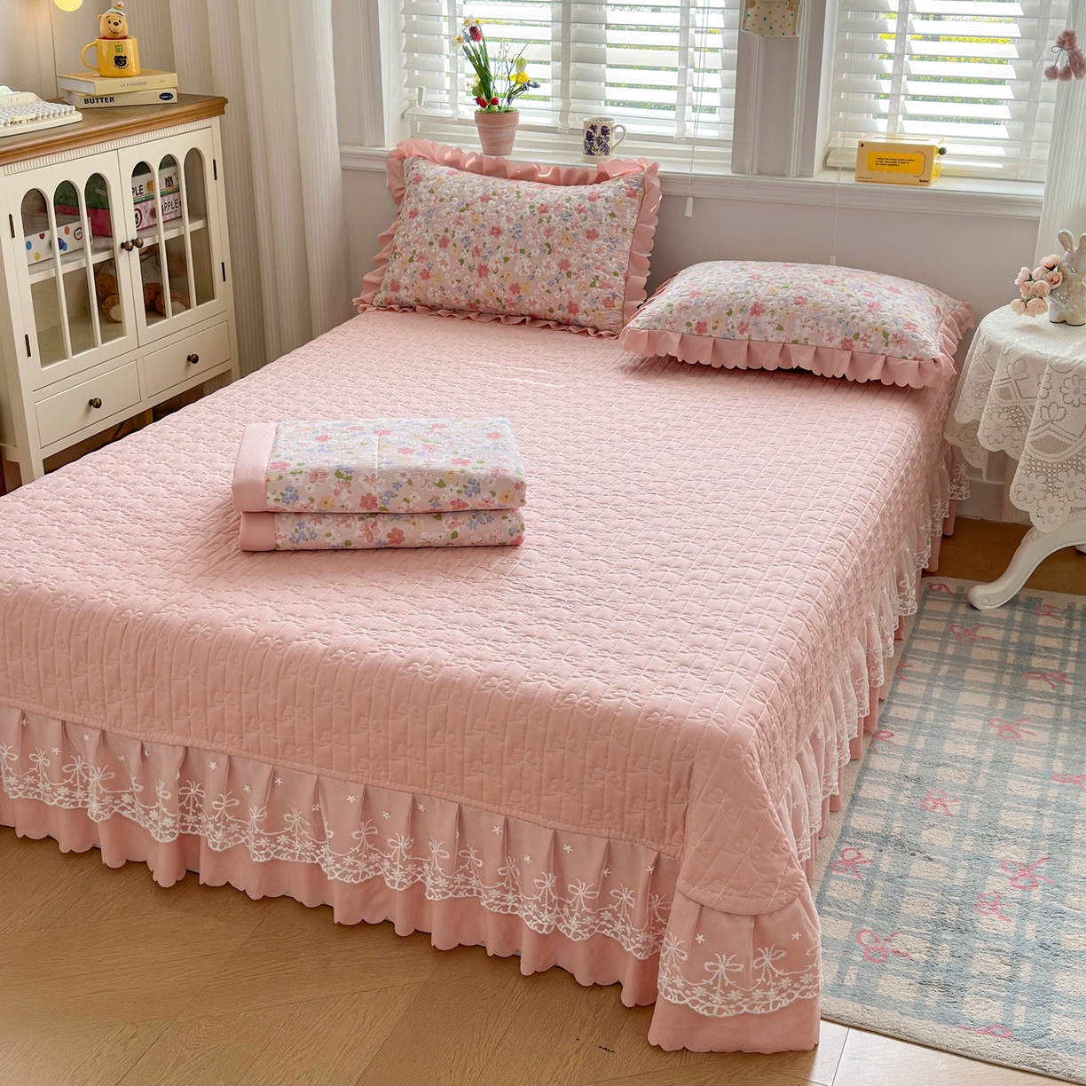 91家纺网 家纺一手货源 找家纺 雅眠居 2026新款直播爆款古法仿棉双层蕾丝花边床盖四件套 AB版-十里桃花