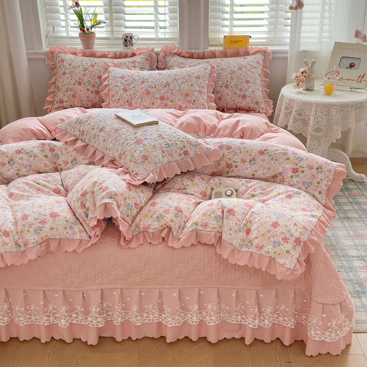 91家纺网 家纺一手货源 找家纺 雅眠居 2026新款直播爆款古法仿棉双层蕾丝花边床盖四件套 AB版-十里桃花